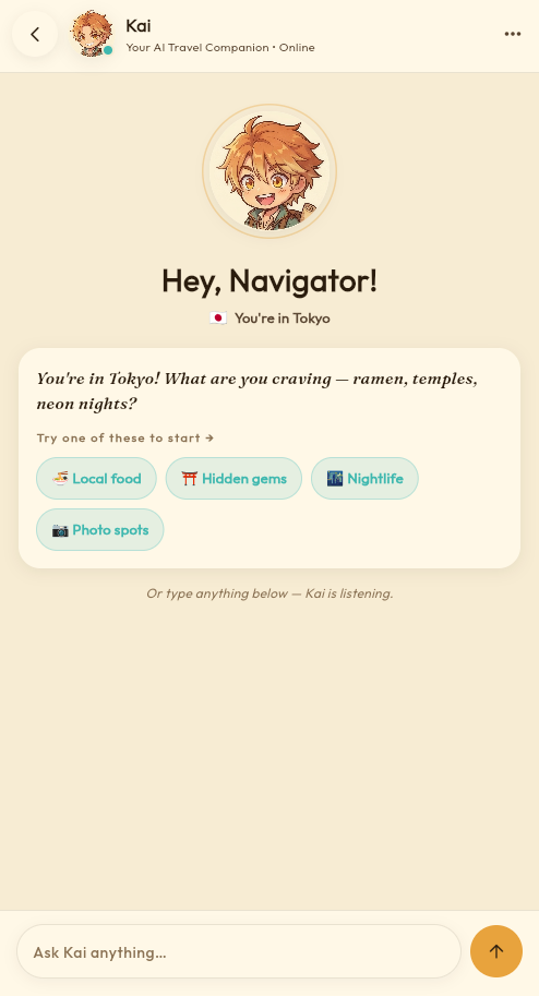 VoyaGo Kai AI chat screen with quick travel planning prompts