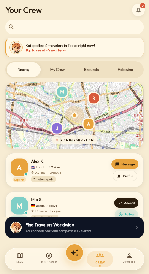 VoyaGo Crew screen showing nearby traveler discovery and social connection cards