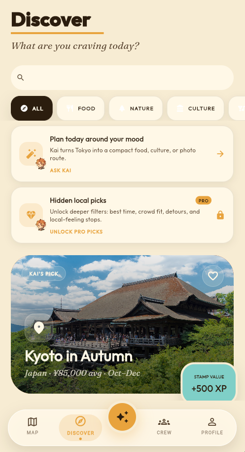 VoyaGo Discover screen with featured travel card, categories, and trending places