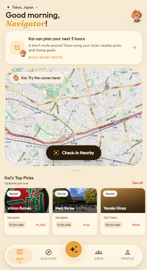 VoyaGo AI travel map screen with nearby places, Kai recommendations, and GPS check-in discovery