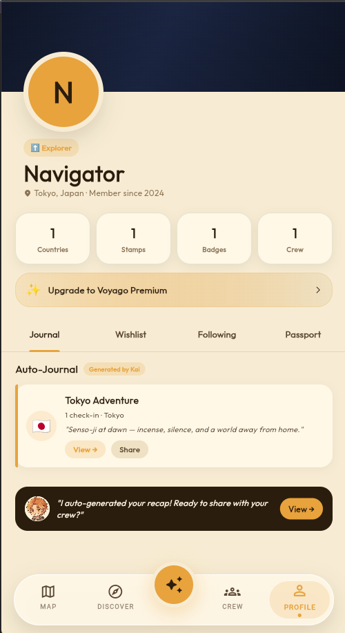 VoyaGo profile and travel journal screen with stats and recaps